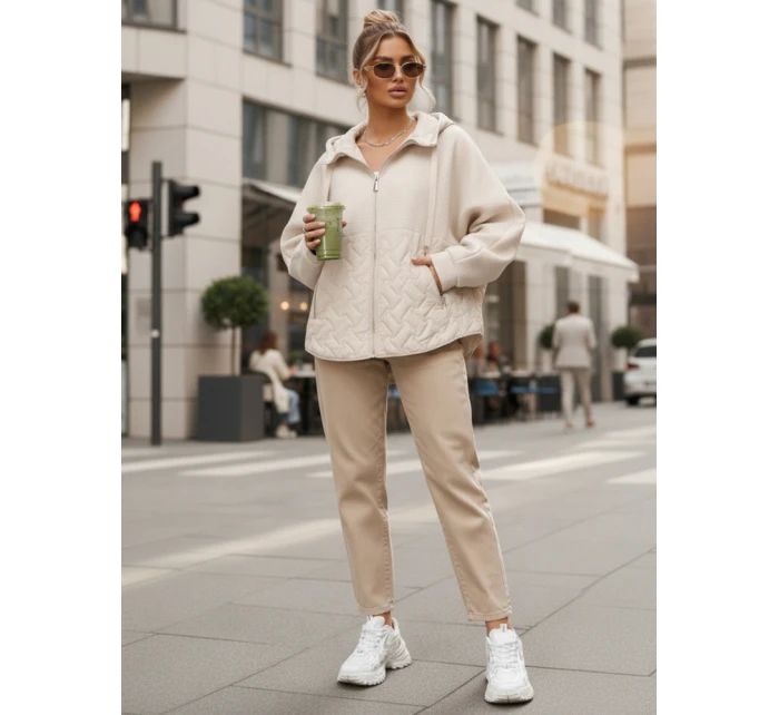 Dámská přechodná bunda oversize s kapucí ecru FashionStreet TY5592 Dámská přechodná bunda oversize s kapucí ecru FashionStreet TY5592