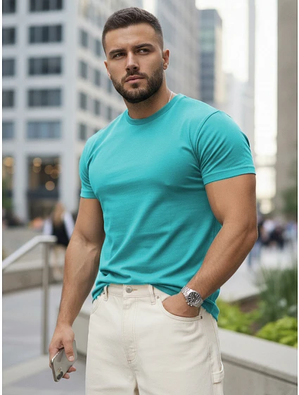 Pánské bavlněné tričko basic v tyrkysové barvě FashionStreet RX5692