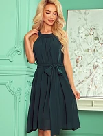 ALIZEE - Dámské šifonové šaty v lahvově zelené barvě s vázáním 350-4