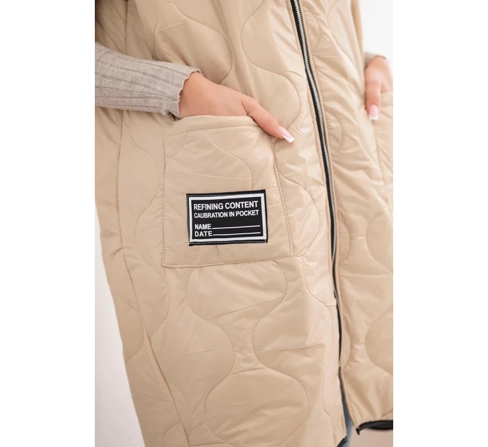Dámská prošívaná vesta s kapucí na zip pro model 22030096 tmavě béžová - K-Fashion