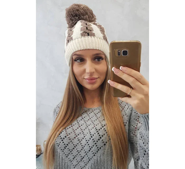 Dámská čepice s bambulí Rozalia K323 mocca+ecru