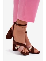 Dámské sandály na podpatku s pásky Eko semišové čokoládové model 21937481 - Boto
