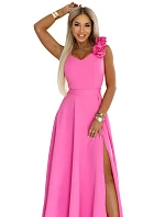 model 22141517 Elegantní večerní maxi šaty s rozparkem a růžemi cukrově růžové - numoco