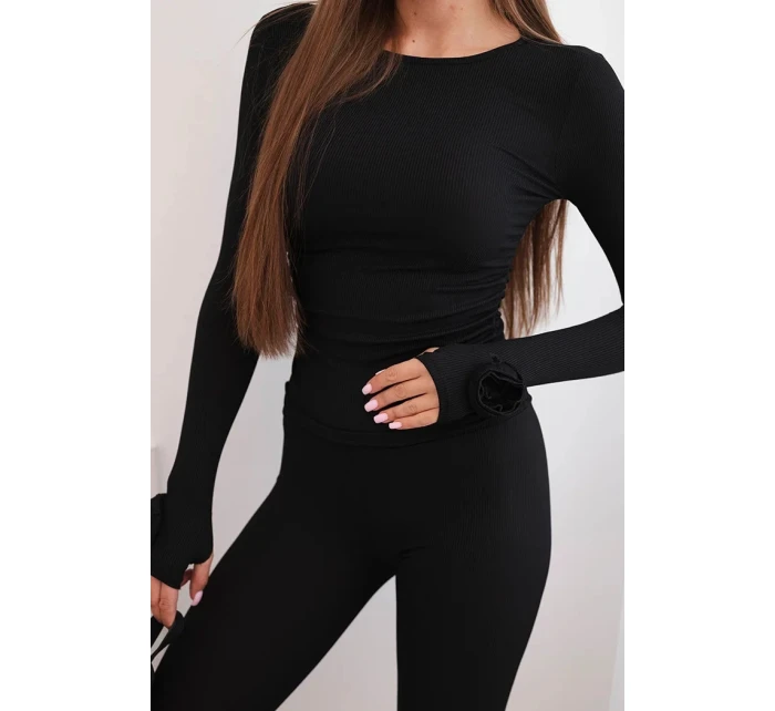 Komplet dámský z pruhované viskózy s dlouhým rukávem a legínami černý