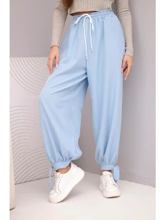 Dámské kalhoty s širokým nohavicím a zavazováním dole modré