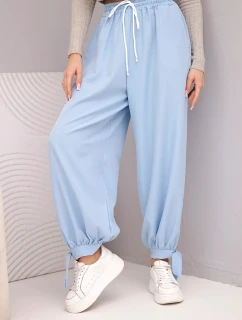 Dámské kalhoty s širokým nohavicím a zavazováním dole modré