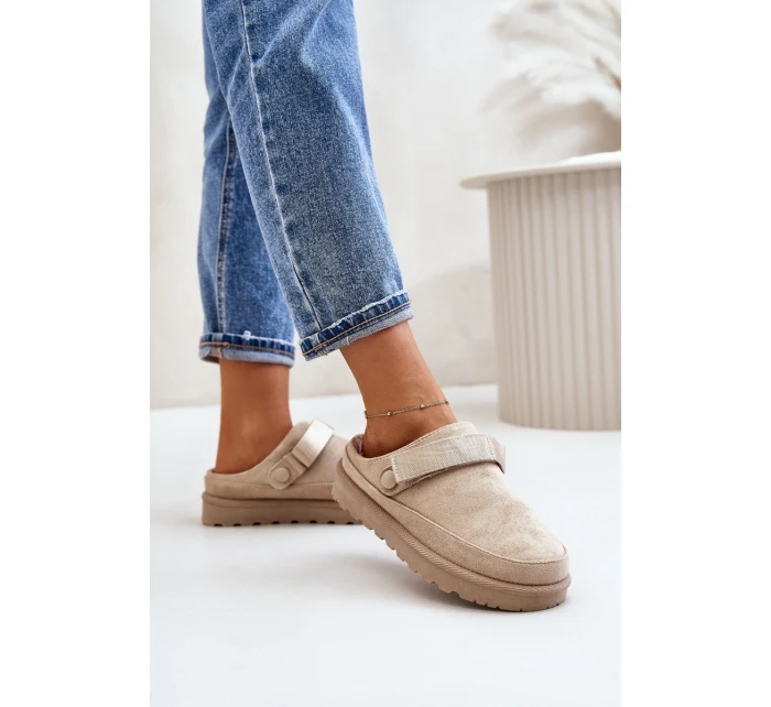 Dámské pantofle zateplené kožíškem na platformě béžové model 21671330 - Boto