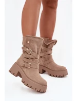 Dámské boty na podpatku s přezkami a páskem béžové model 21715455 - Boto