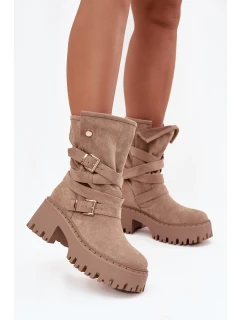 Dámské boty na podpatku s přezkami a páskem béžové model 21715455 - Boto