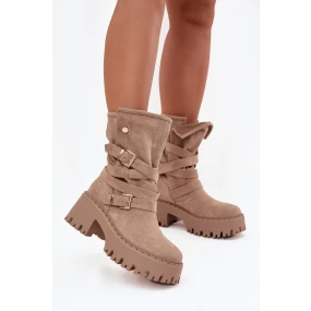 Dámské boty na robustním podpatku s přezkami a páskem béžové Nerelisa