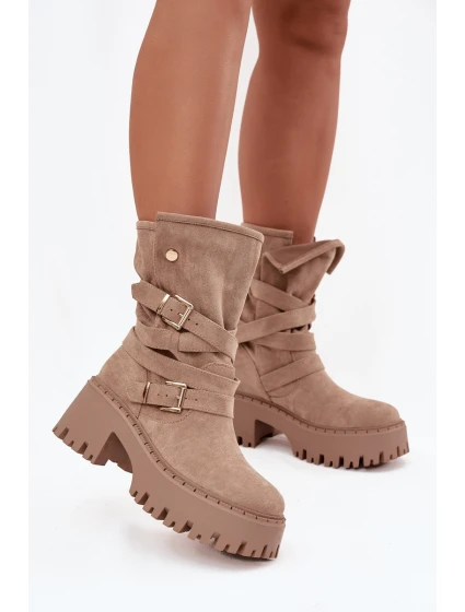 Dámské boty na podpatku s přezkami a páskem béžové model 21715455 - Boto