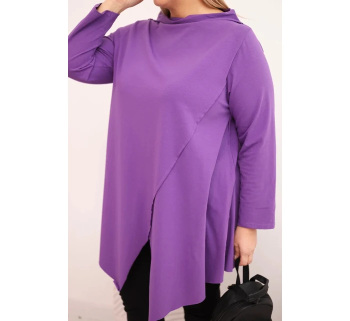 Dámská bavlněná blůza Plus Size asymetrická s ohrnovaným rukávem fialová