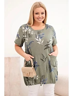 Dámská bavlněná halenka Plus Size s krátkým rukávem a zavazováním dole khaki
