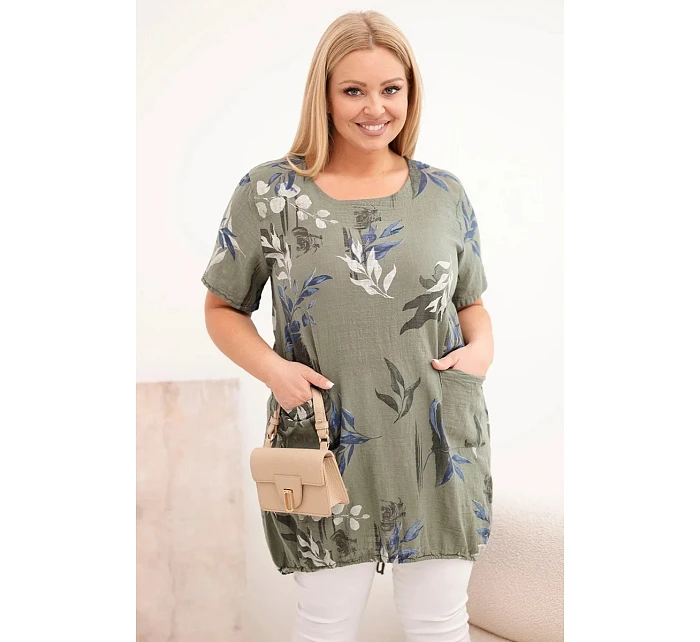 Dámská bavlněná halenka Plus Size s krátkým rukávem a zavazováním dole khaki