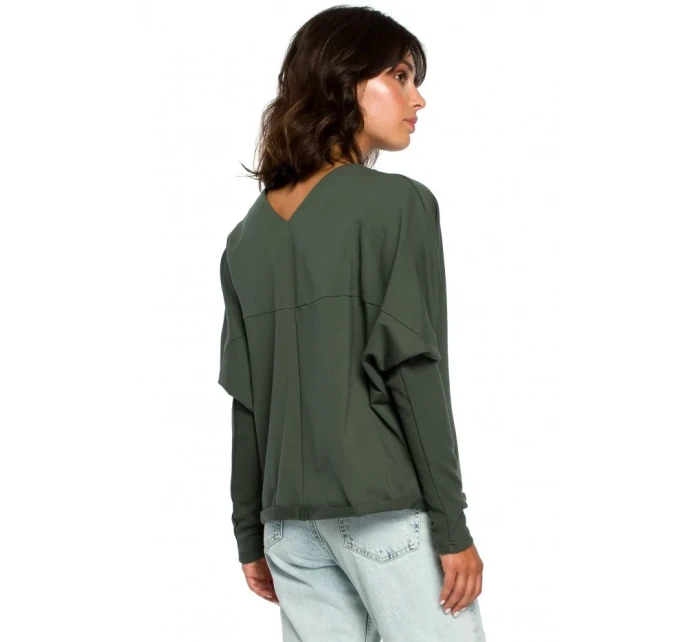 B094 Oversized top s výstřihem do V na zádech - vojensky zelený