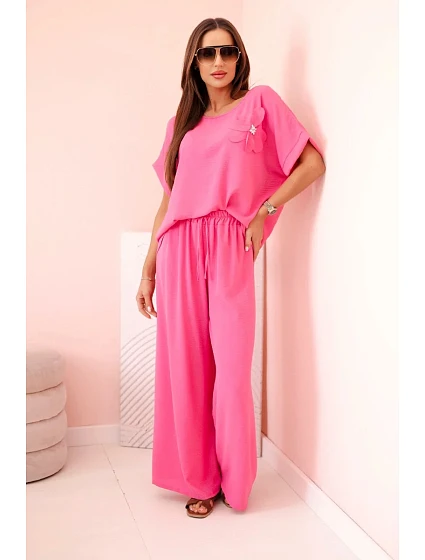 Dámský komplet z viskózy s ozdobným květem a širokými kalhotami - růžový