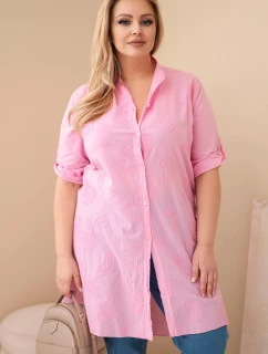 Dámské šaty Plus Size s vyšíváním a ohrnutým rukávem světle růžová