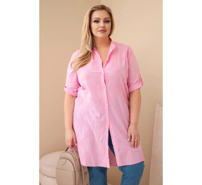 Dámské šaty Plus Size s vyšíváním a ohrnutým rukávem světle růžová