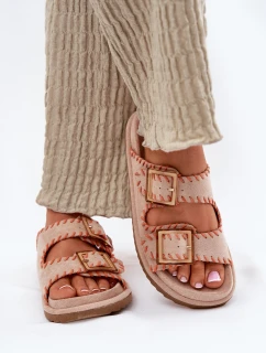 Dámské Pantofle S Přezkami A Ozdobným Švem Béžové Visley