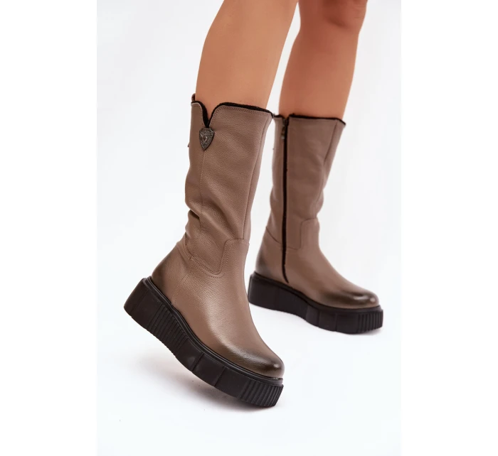 Kožené Dámské Kozačky S Tmavě Béžové model 21821669 - Zazoo