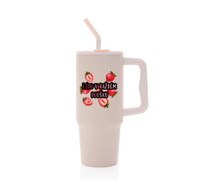 Personalizovaná termoska s barevným víčkem s ovocem a textem 