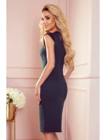 Vypasované dámské šaty v lahvově zelené barvě s výstřihem model 21486653 - numoco