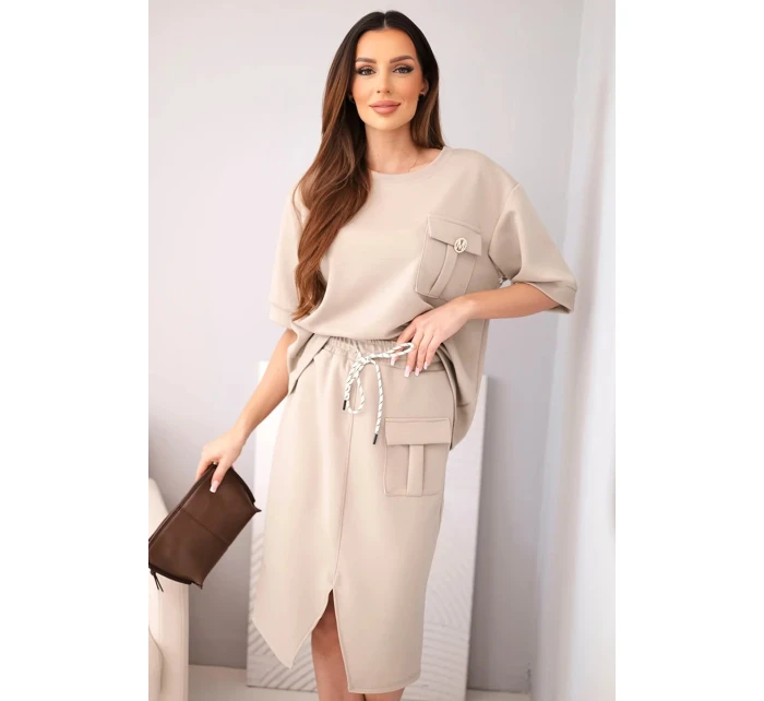 Dámský komplet s halenkou a midi sukní máslový fango