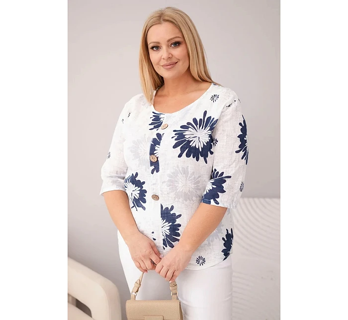 Dámská bavlněná halenka Plus Size s krátkým rukávem a knoflíky bílá