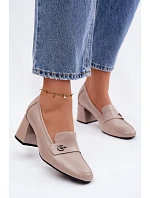 Kožené dámské polobotky na podpatku model 22100040 Béžové - VINCEZA