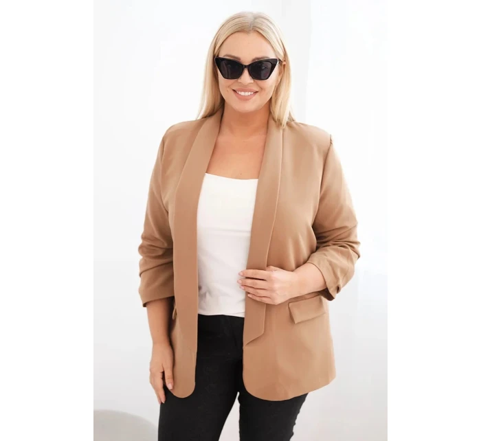 Dámská bunda Plus Size bez zapínání s podšívkou model 21468644 camelová - K-Fashion