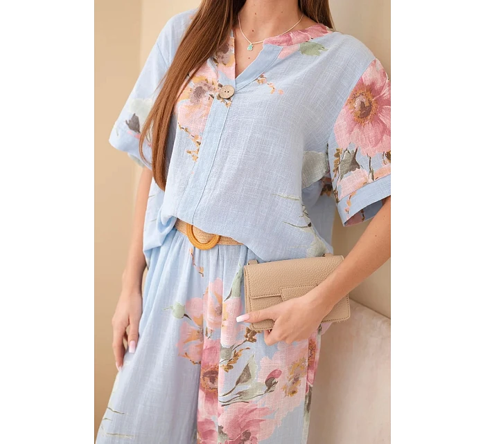 Dámský bavlněný komplet s krátkým rukávem a širokými nohavicemi modrý