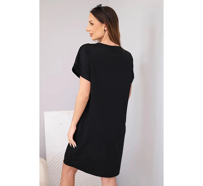 Dámské viskózové šaty s krátkým rukávem a ozdobným potiskem černá