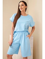 Dámský bavlněný komplet halenka s krátkým rukávem a kraťasy s gumou v pase modrá