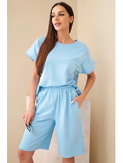 Dámský bavlněný komplet halenka s krátkým rukávem a kraťasy s gumou v pase modrá