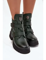 Kožené zateplené dámské boty s přezkami a ozdobným detailem Zazoo 60482 tmavě zelené