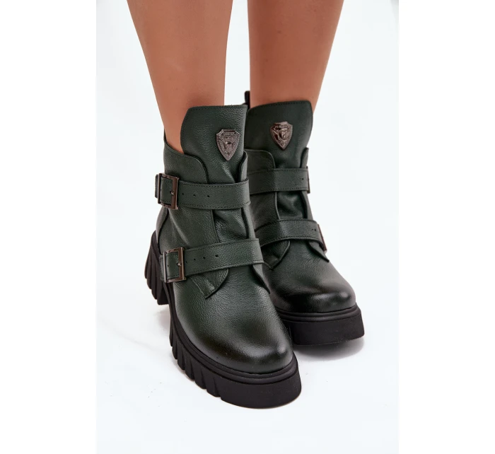 Kožené zateplené dámské boty s přezkami a ozdobným detailem Zazoo 60482 tmavě zelené