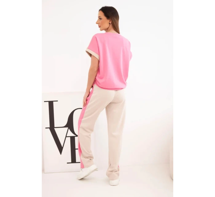 Dámský máslový komplet s oversize mikinou a širokými kalhotami růžová + béžová