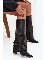 Dámské kotníkové boty Jessae na sloupkovém podpatku se zahnutou manžetou a sponami – černé