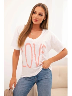 Dámská bavlněná blůza s výstřihem do V a potiskem LOVE bílá