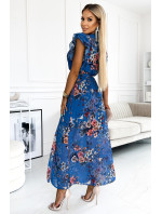 Světle modré dlouhé květované dámské šaty s výstřihem a krátkými rukávy model 18708777 - numoco basic