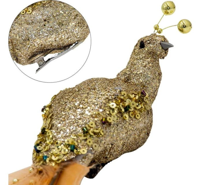 OZDOBNÝ PTÁČEK NA KLIPU 38CM ZLATÝ