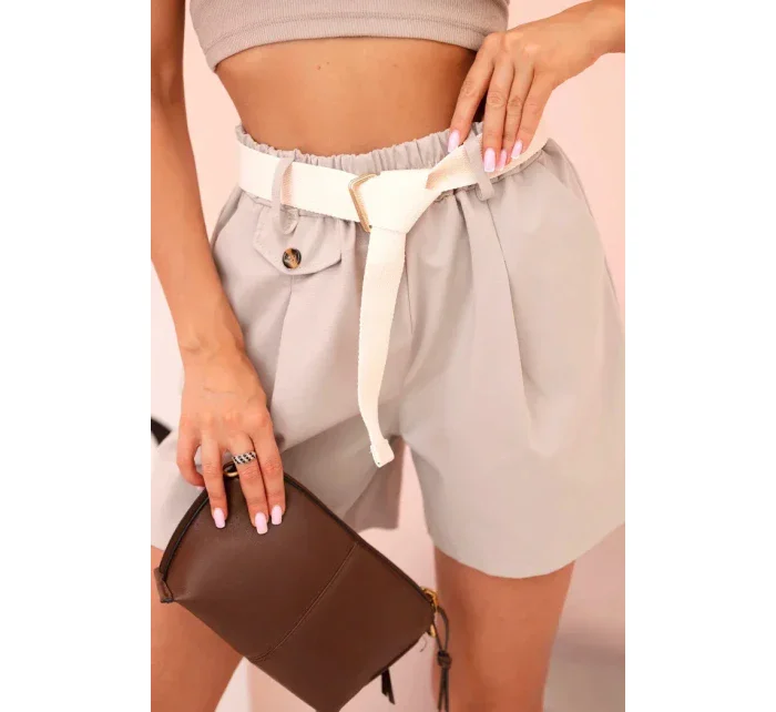 Dámské šortky s vysokým pasem a páskem tmavě béžové