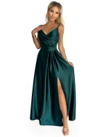 299-9 CHIARA elegantní maxi dlouhé saténové šaty bez ramínek - BOTTLE GREEN