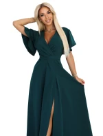 dlouhé šaty s rozparkem na rukávy a výstřihem lahvově zelené model 21291970 - numoco