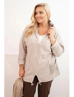 Dámská mikina Plus Size bavlněná oversize s dlouhým rukávem béžová