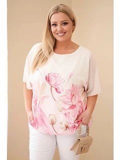 Dámská halenka Plus Size s květinovým potiskem a volným rukávem růžová