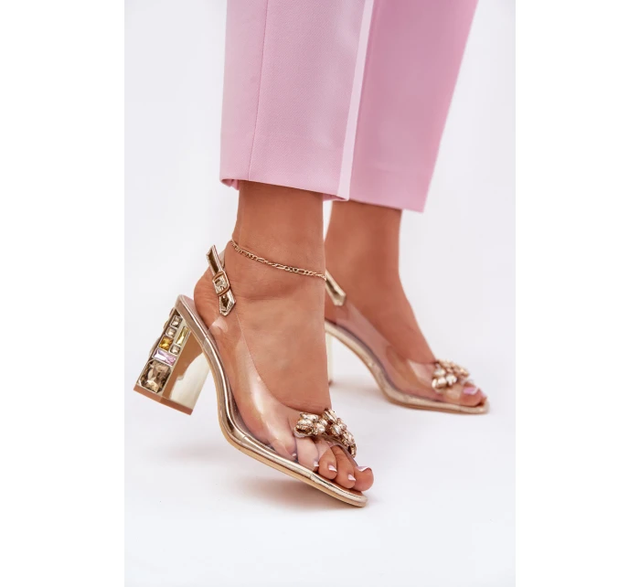 Průhledné sandály na podpatku s krystaly Vinceza 70110 zlaté