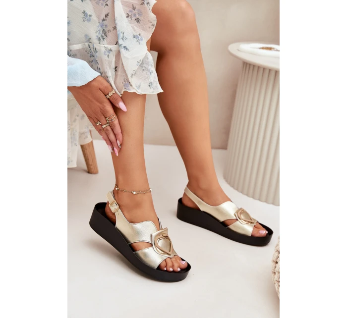 Kožené Dámské Sandály Na Klínu S.Barski KV51-031 Zlaté Kožené Dámské Sandály Na Klínu S.Barski KV51-031 Zlaté