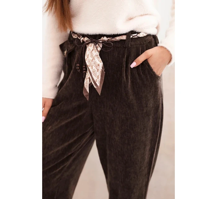 Dámské kalhoty z viskózy s model 21731254 páskem hnědé - K-Fashion