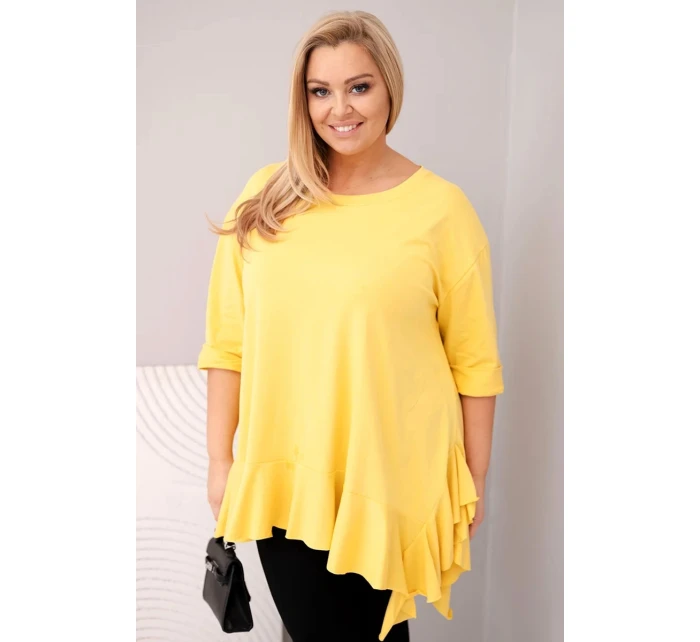 Dámská blůza Plus Size s bavlnou, volánem a ohrnovacími rukávy žlutá Dámská blůza Plus Size s bavlnou, volánem a ohrnovacími rukávy žlutá